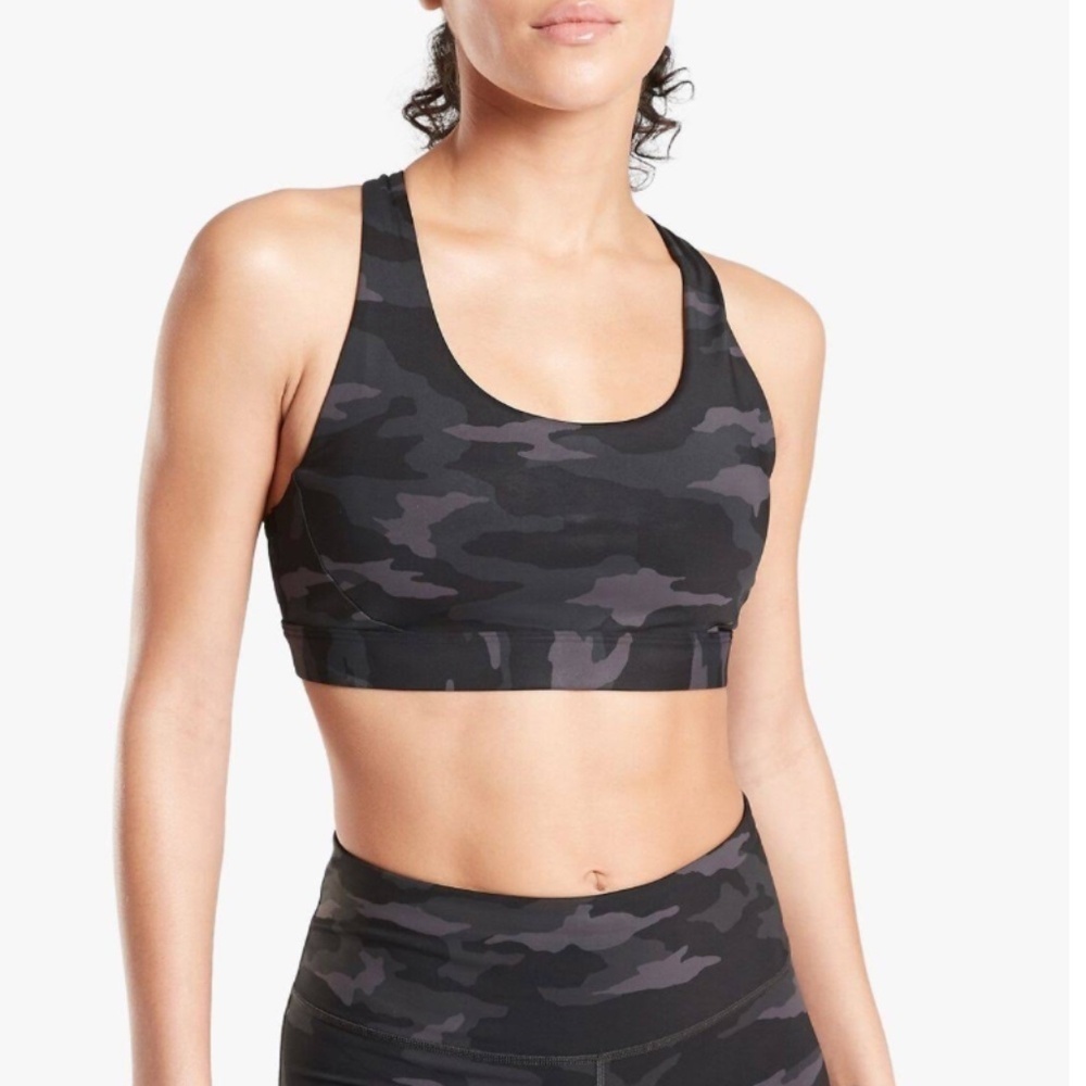 Athleta Ultimate Supersonic Camo Print A-C Cup Sports Bra, Black Size Small